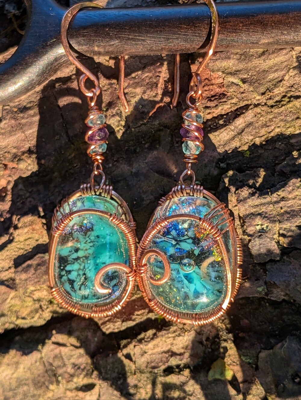 Mermaid Goddess Earrings - Artisan Dichroic Glass with Natural Gems in Copper - Picture 5 of 16